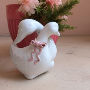 White Ceramic Goose Figurine with Pink Bow